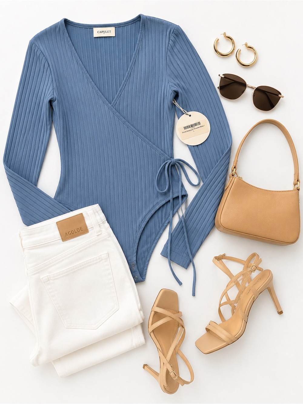 CAPULET Ribbed Wrap Bodysuit Blue Gray Long Sleeve Side Tie Date Night Top - Picture 6 of 7